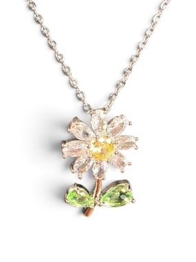 Daisy Crystal Pendant Necklace - Silver Tone w/ Yellow & Green Stones NEW!